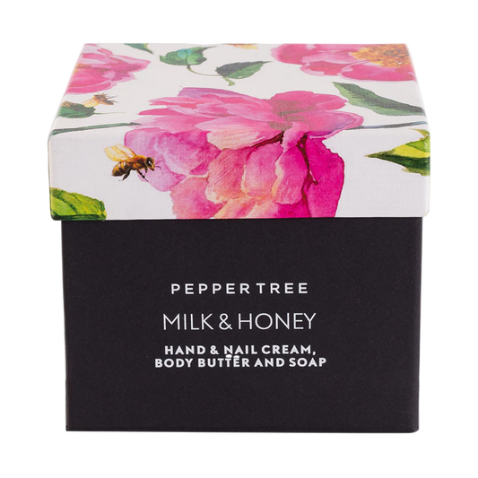 Body Essentials Milk & Honey hand & nail cream, body butter & soap Box
