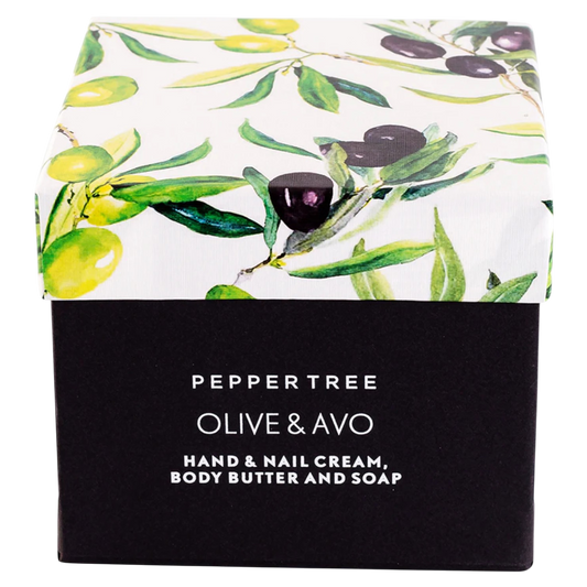 Body Essentials Olive & Avo hand & nail cream, body butter & soap Box