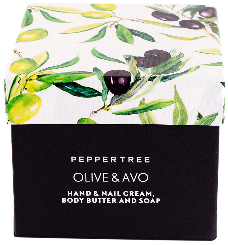 Body Essentials Olive & Avo hand & nail cream, body butter & soap Box